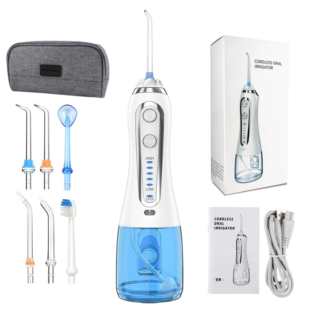 Blue Oral Irrigator Portable Bag Electric Water Flosser USB Rechargeable Professional Dental Flosser with 5 Nozzles &amp; Brush