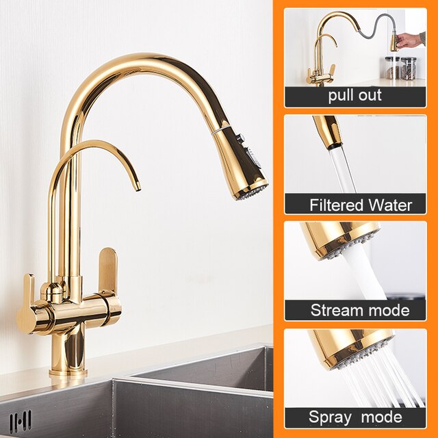 Antique Bronze Faucet Kitchen Pull Out Water Purifier Sink Faucet 360 Rotate Hot Cold Drinking Water Filter Mixer Crane Vintage