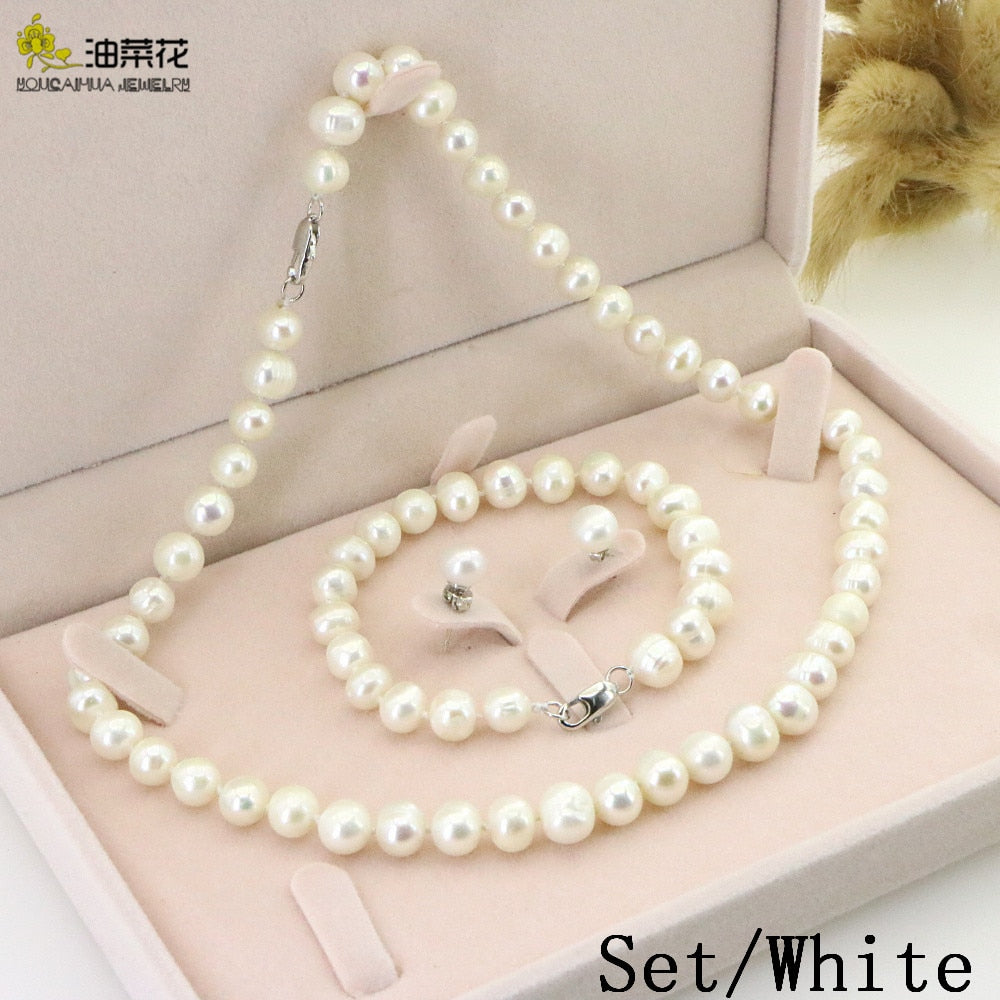 Pearl Necklaces for Women 8-9mm Natural Freshwater White Pearl Necklace Earring Bracelet Sets Wedding Jewelry Birth Gift