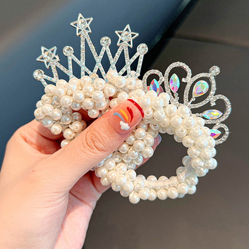 Fashion Pearl Crown Princess Hair Bands Elastic Rubber Bands Children Ball Hair Bun Ties Hair Styling Accessories