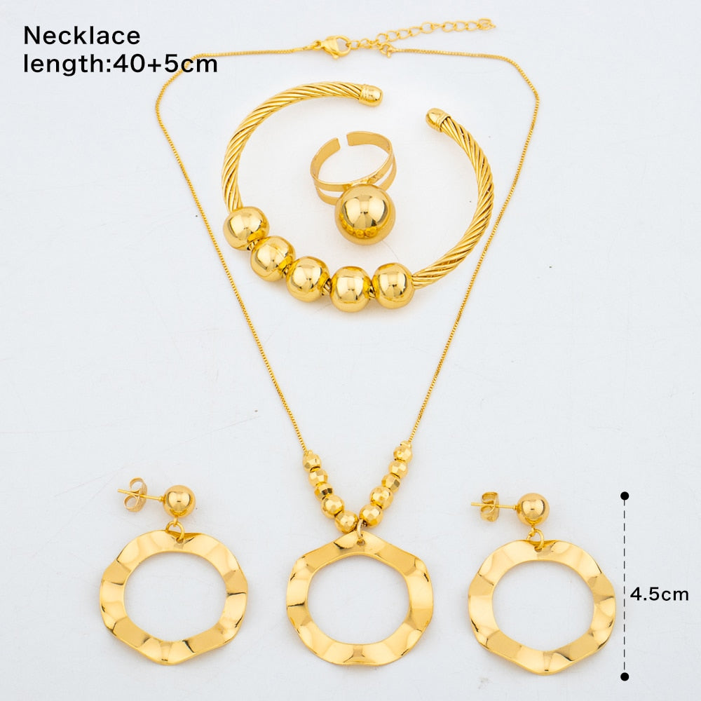 Arabic Dubai Jewelry Set for Women Bead Earrings Necklace Ethiopian African Chain Gold Color Bracelet Ring Wedding Bridal Gift