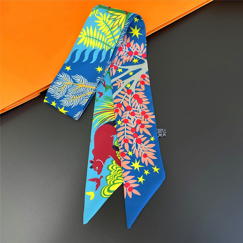 New Fashion All-match Korean Version Mayan Jungle Animals silk scarf Twill Long Strip Small Scarf Tie Bind a bag Ribbon Streamer