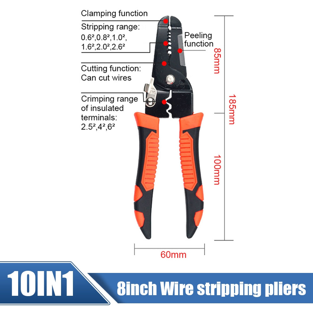 185mm Stripping Crimping Pliers Wire Stripper Multi Functional Ring Crimpper Electrician Peeling Network Cable Stripper Tools