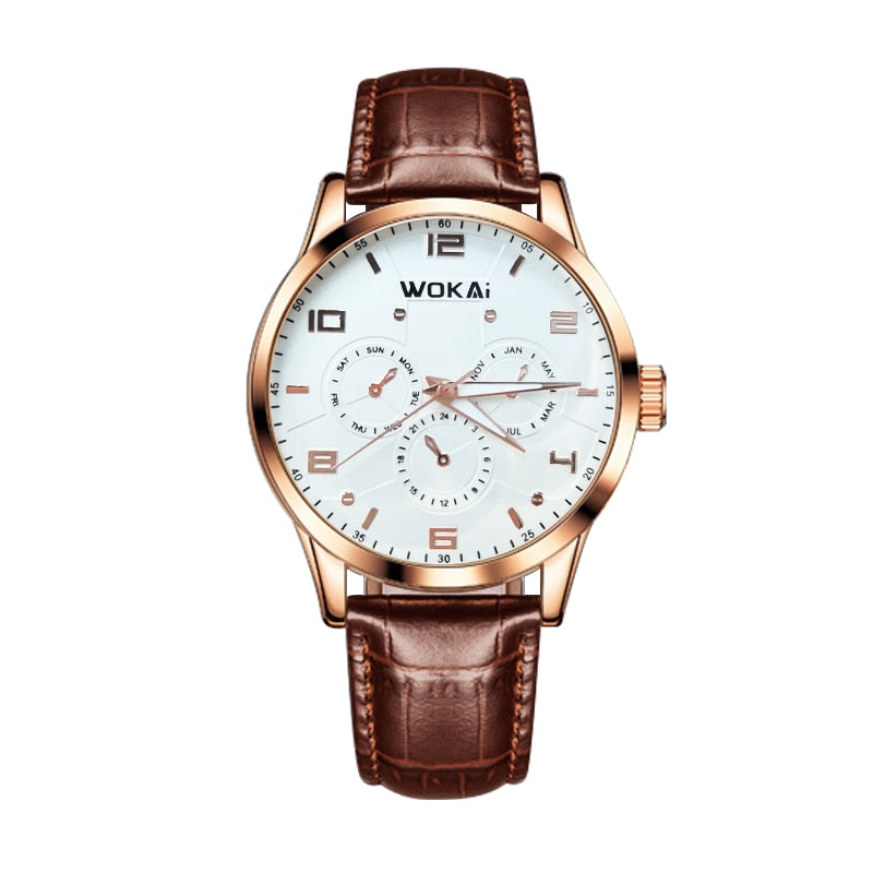 WOKAI high quality Rose Gold Men&#39;s Casual belt quartz watch Men&#39;s student three eyes Women&#39;s night light waterproof clock