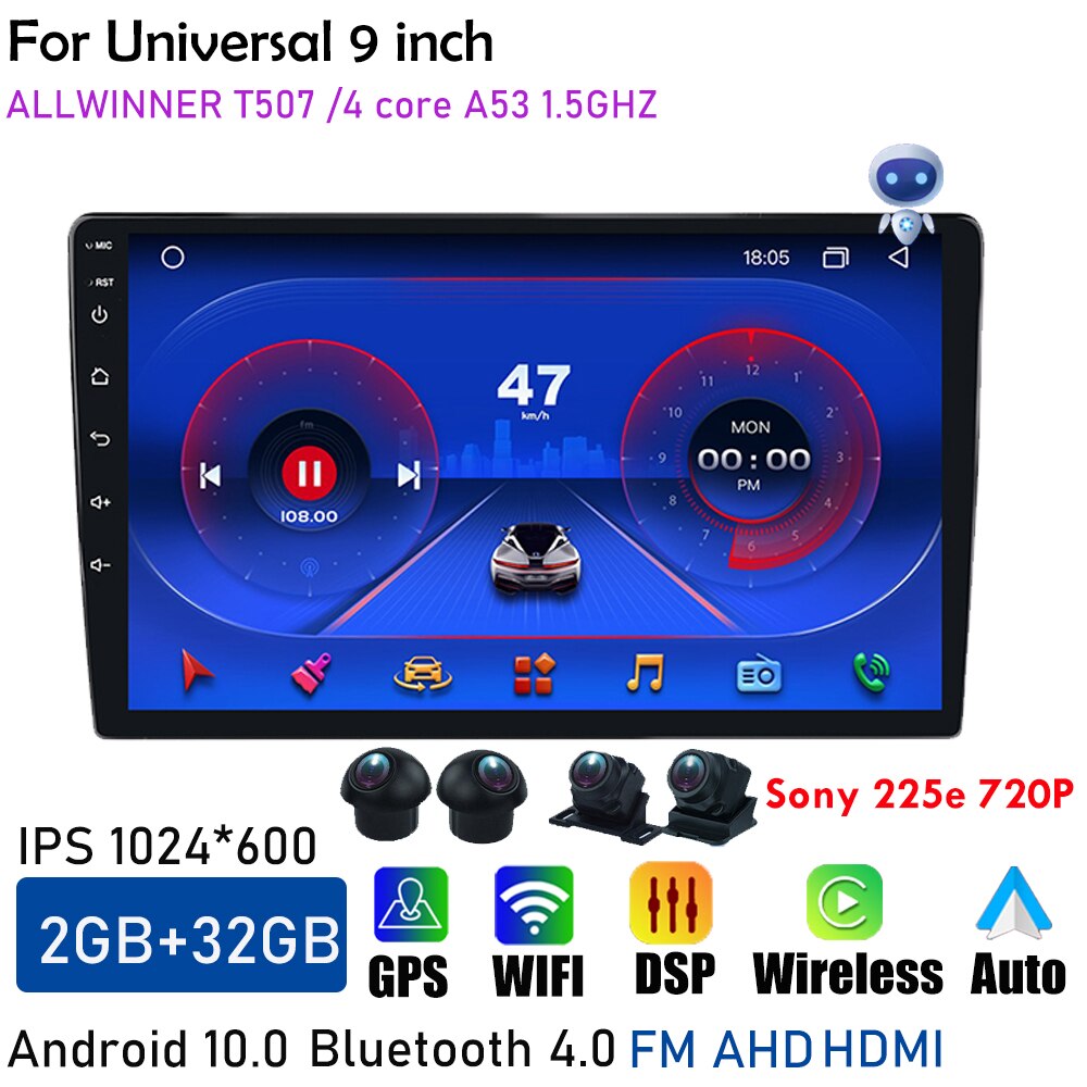 Central Multimedia 2 Din Android Universal Wireless Carplay Screen Android Auto 360 Bird View Panorama GPS BT Wifi 9inch Stereo