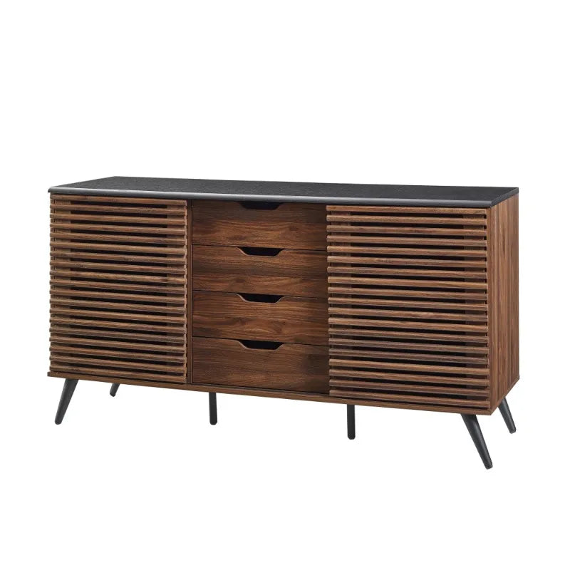 Modern Two Toned Sliding Slat Door Sideboard, Ebony/Dark Walnut