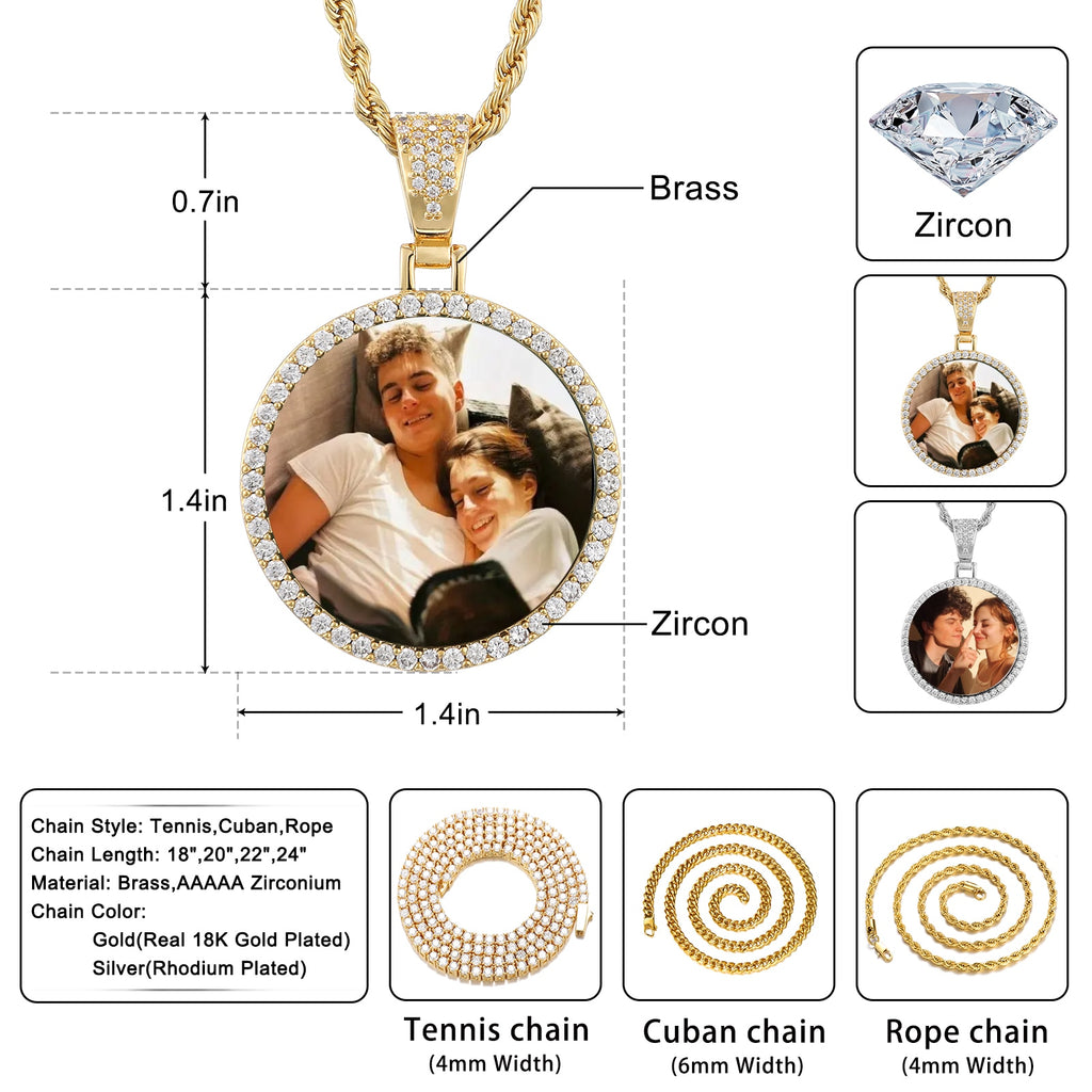 D&amp;Z Custom Photo Memory Medallions Solid Pendant With Tennis Chain Hip Hop Jewelry Personalized Cubic Zircon Chains Gift