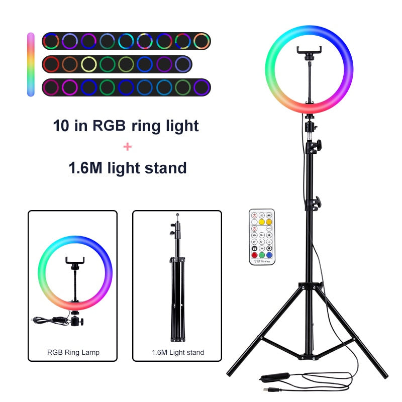 PYNSSEU 26cm LED Circle Round Light with 1.1/1.6/2.0M RGB lamp Stand Dimmable 10" Selfie Circle Round Lamp with Phone Clip for Youtube Makeup