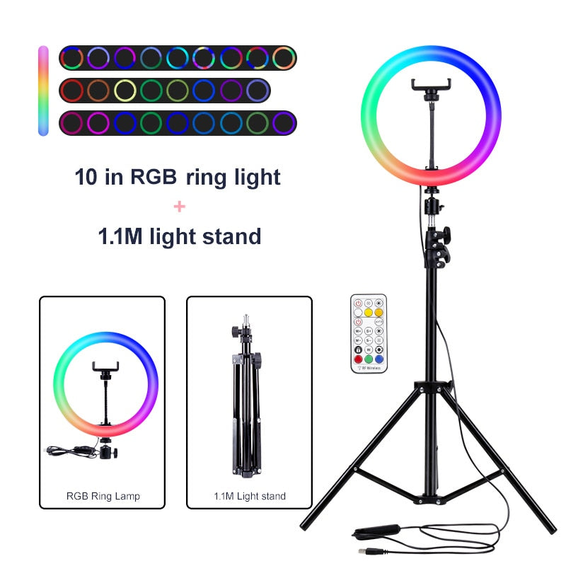 PYNSSEU 26cm LED Circle Round Light with 1.1/1.6/2.0M RGB lamp Stand Dimmable 10" Selfie Circle Round Lamp with Phone Clip for Youtube Makeup