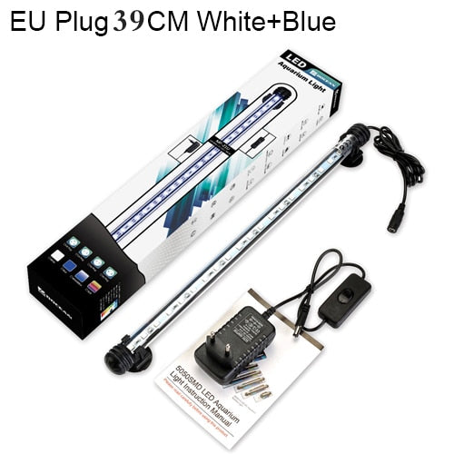 Barre lumineuse LED étanche pour aquarium, poisson précieux, bleu et blanc, 19 cm, 29 cm, 39 cm, 49cm, lampe à clip sous-marine SubSN, décor inclus UE