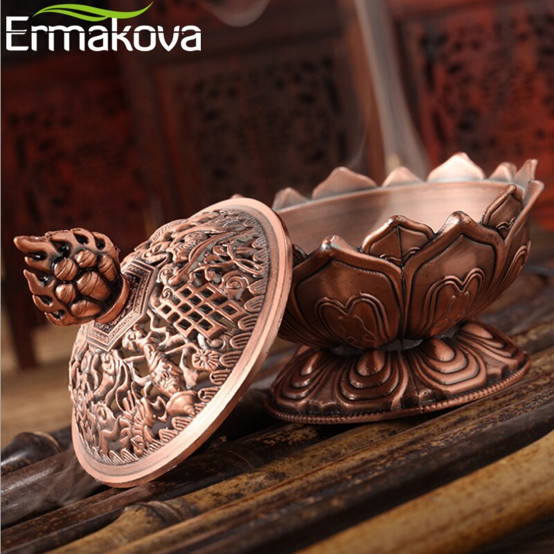 ERMAKOVA Lotus Flower Chinese Buddha Alloy Metal Incense Burner Incense Holder Handmade Censer Bowl Buddhist Home Decoration