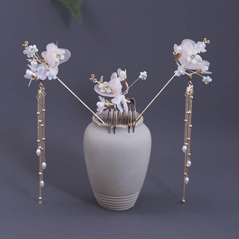 FORSEVEN Chinese Hair Accessories Women Flower Pearls Hairpins Long Tassel Headpieces Sticks Hair Comb Bridal Jewelry Sets