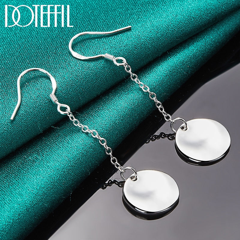 DOTEFFIL 925 Sterling Silver Smooth Bump Round Long Drop Earrings For Woman Wedding Engagement Fashion Party Charm Jewelry
