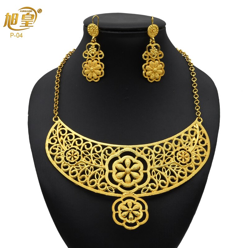 XUHUANG Ethiopian Gold Plated Jewelry Set For Women Dubai Bridal Wedding Necklace And Earring Set Moroccan African Jewelry Gift