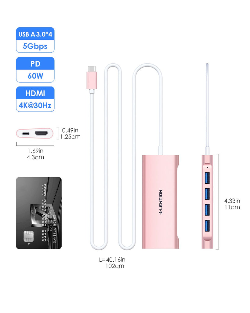 LENTION USB C Hub 4K@60Hz @30Hz HDMI USB-A 3.0 PD60W Multiport Adapter for M1 M2 MacBook/Pro/Air iPad Surface TypeC 1M Cable HUB