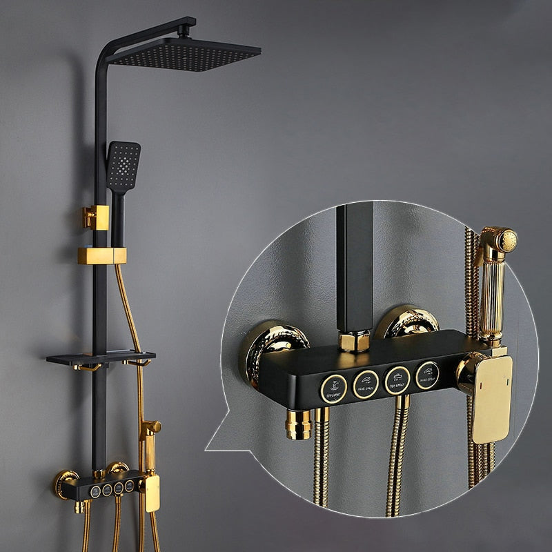 Hot and Cold Digital Shower Set Faucet Bathroom Shower System Black Gold Shower Faucet Square Shower Head  Bath Shower System