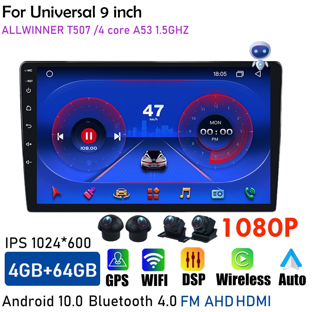 Central Multimedia 2 Din Android Universal Wireless Carplay Screen Android Auto 360 Bird View Panorama GPS BT Wifi 9inch Stereo