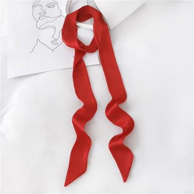 Luxury Women Narrow Long Scarf 200x5cm Solid Color Chiffon Silk Rubber Red Tie Black Bag Ribbon Headbands Choker Streamer Scarf