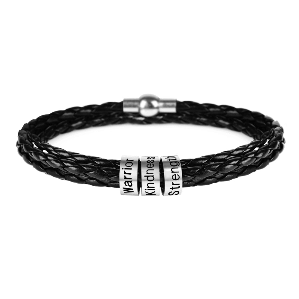 LIKGREAT Name Letter Customize Leather Bracelet for Women Men Stainless Steel Bead Braided Rope Wrist Bracelets Personalized