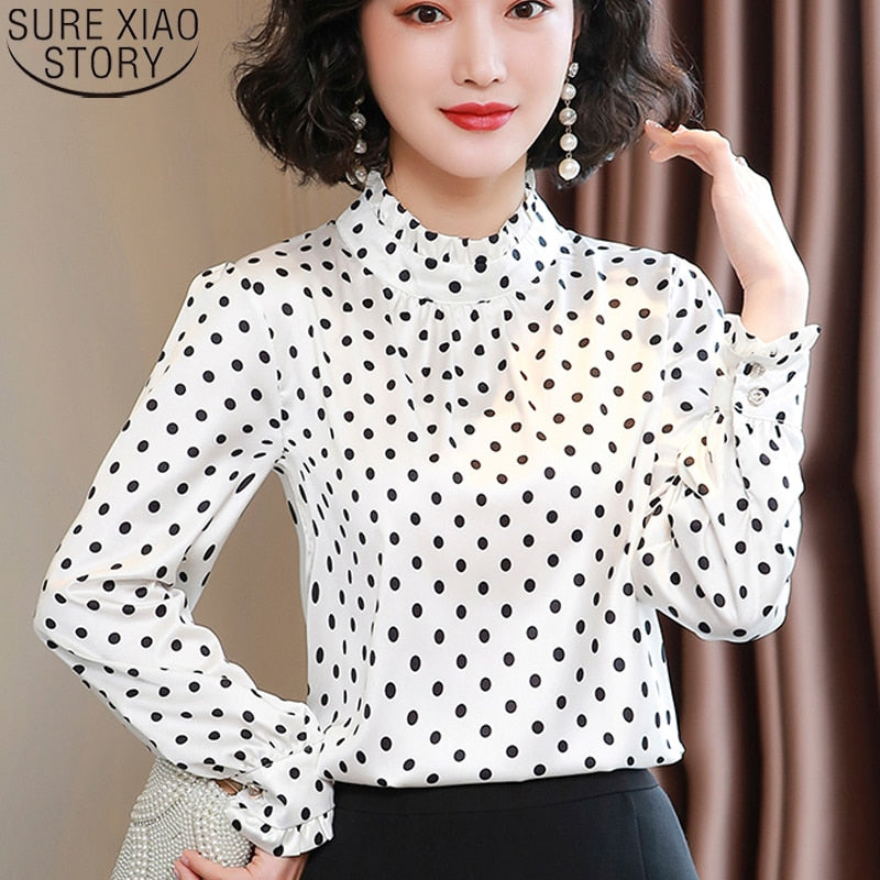 Women Blouses Casual Stand Collar Autumn Fashion Women Shirts Blouses Long Sleeve Polka Dot Women Tops 2023 Fashion Blusas 10589