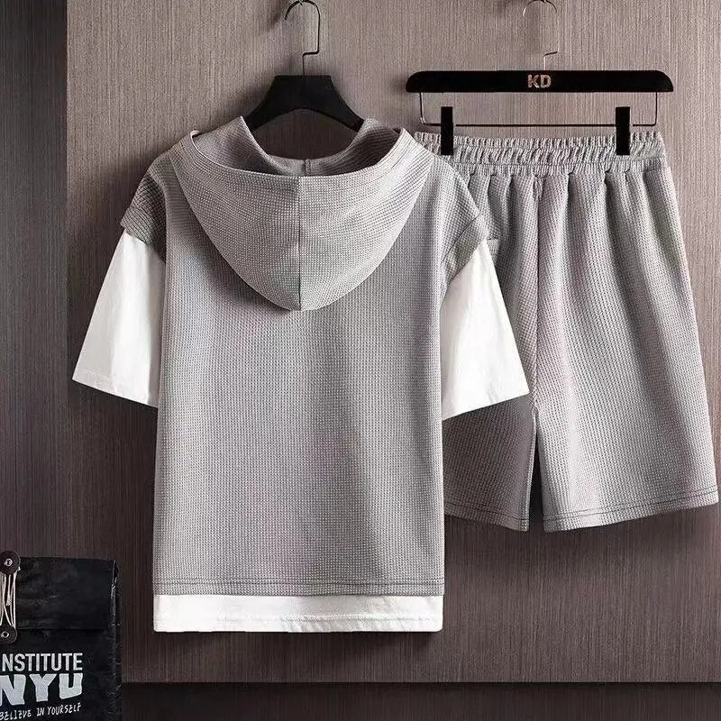 2023 Summer New Men's Fashion Waffle Short Sleeve T-shirt Two-Piece Men's Casual Comfort Large Size High-Quality Sports Set 5XL