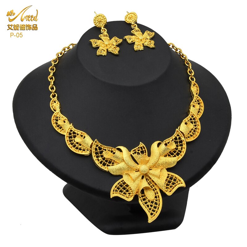 ANIID African Jewelry Set Big Necklace Dubai Ethiopian Gold Color Jewelery Earring Bracelet For Women Bridal Choker Wholesale