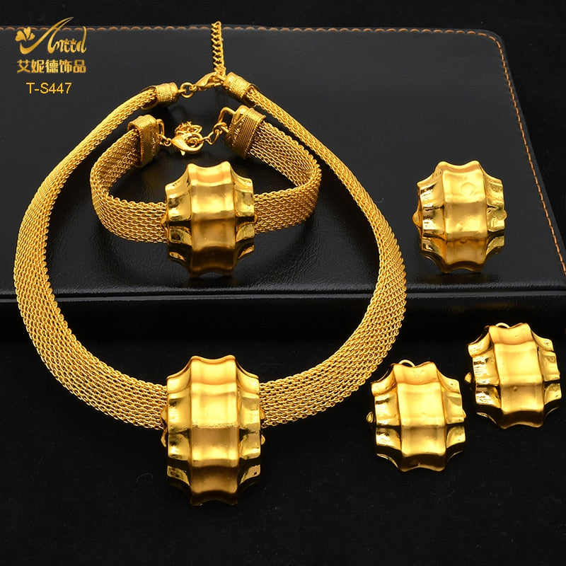 ANIID Ethiopian Gold Plated Jewelry Set For Women Bridal Dubai Jewellery Wedding Brazilian Eritrean African Earring Necklace Set