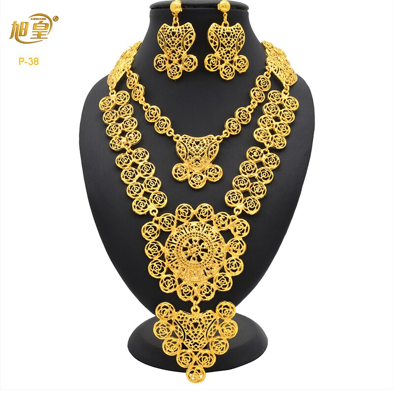 XUHUANG Ethiopian Gold Plated Jewelry Set For Women Dubai Bridal Wedding Necklace And Earring Set Moroccan African Jewelry Gift