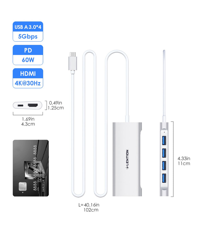 LENTION USB C Hub 4K@60Hz @30Hz HDMI USB-A 3.0 PD60W Multiport Adapter for M1 M2 MacBook/Pro/Air iPad Surface TypeC 1M Cable HUB