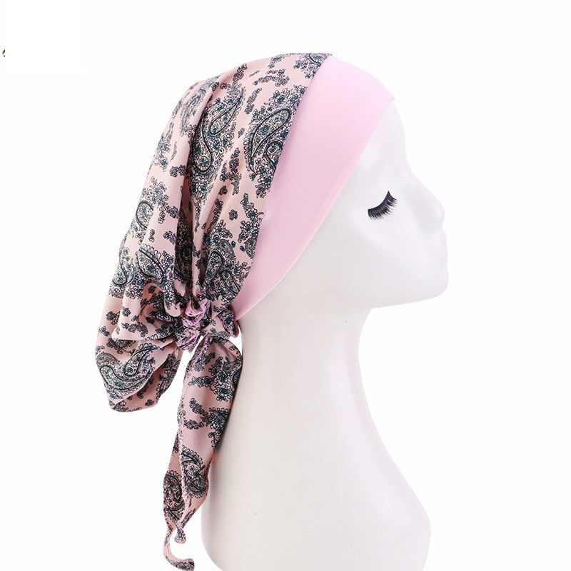 Women Printed Pre-tie Headscarf Elastic Muslim Female Turban Cancer Chemo Hat Hair Loss Cover Head Wrap Headwear Stretch Bandana