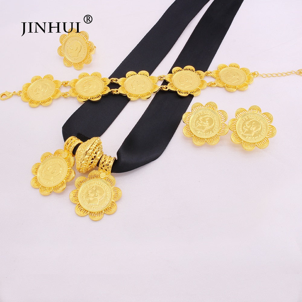 Ethiopian classic gold plated Big Coin Pendant Necklace Earring Ring  jewelry sets for women Dubai African wedding bridal gifts