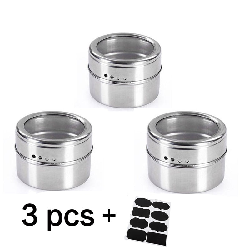 Magnetic Spice Jar Stainless Steel Seasoning Pot Set Household Condiment Bottle Magnetic Tank Rack with Stickers Kitchen Tools