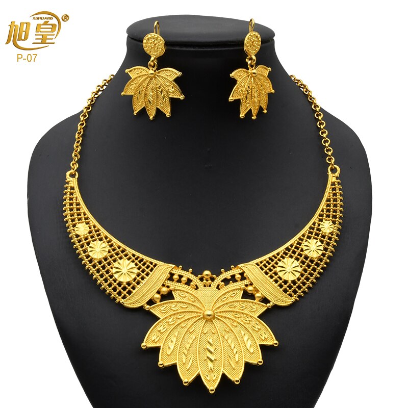 XUHUANG Ethiopian Gold Plated Jewelry Set For Women Dubai Bridal Wedding Necklace And Earring Set Moroccan African Jewelry Gift