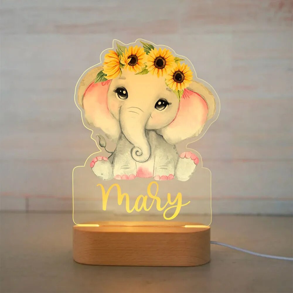 Personalized Baby Elephant Lion LED USB 7 Colors Night Light Custom Name Acrylic Lamp For Kids Children Bedroom Home Decoration