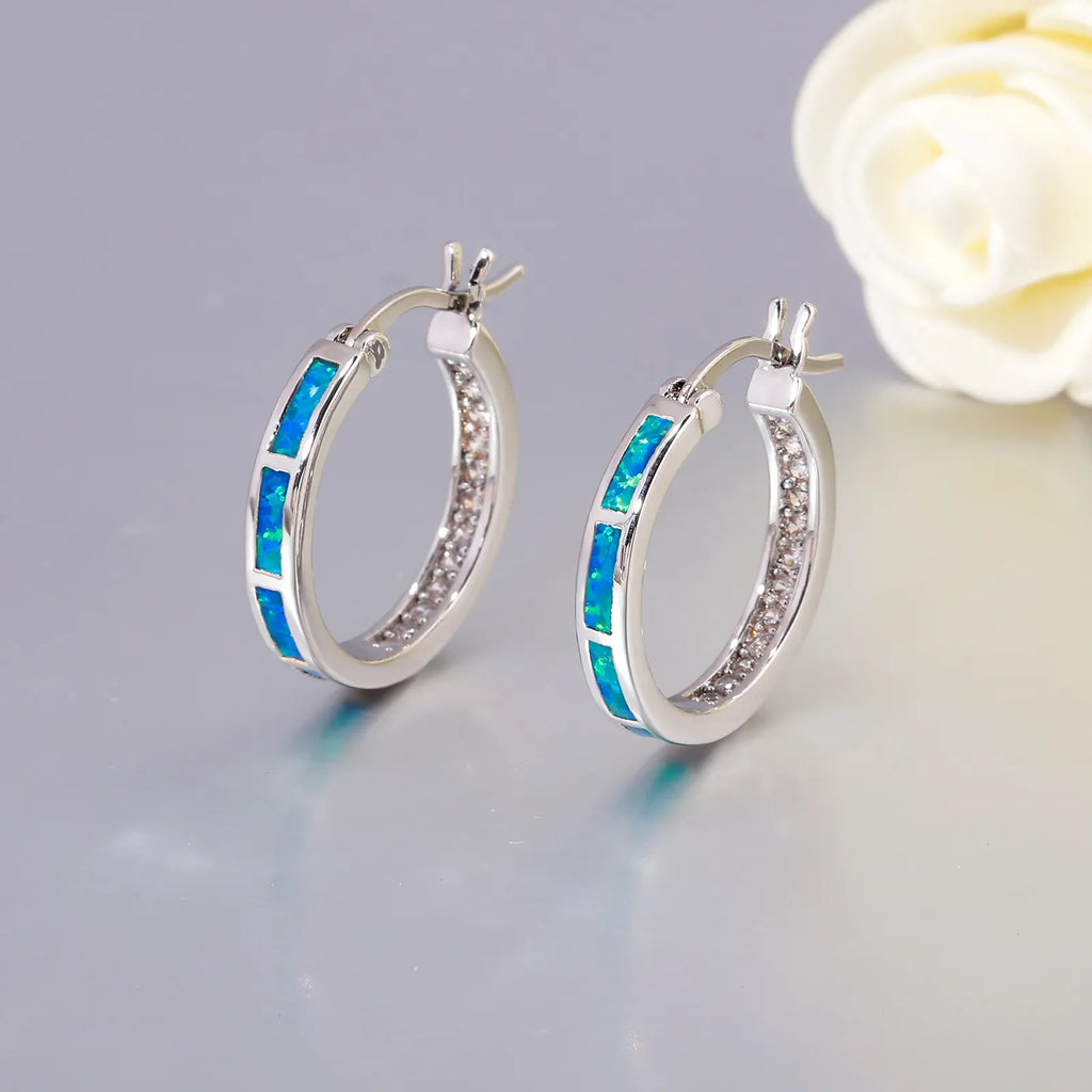 CiNily White Fire Opal Hoop Earrings With Stone Silver Plated Small Round Circle Chic Summer Punk Jewelry Best Gifts for Woman