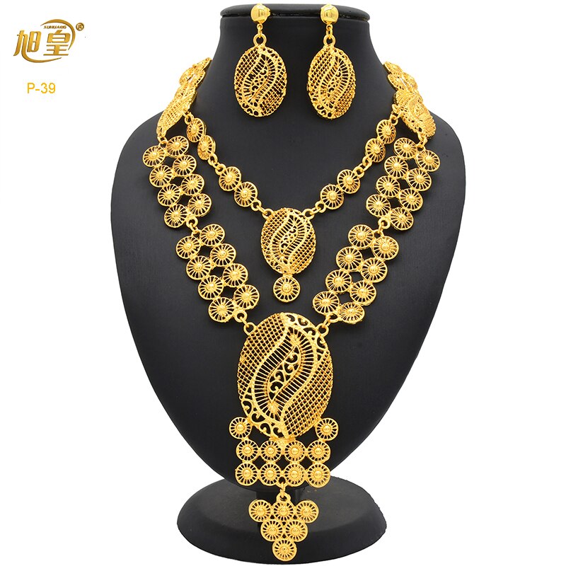 XUHUANG Dubai 24K Plated Necklace Earring Set Arabic Ethiopian Nigerian Banquet Wedding Party Necklace Choker Jewellery Set Gift