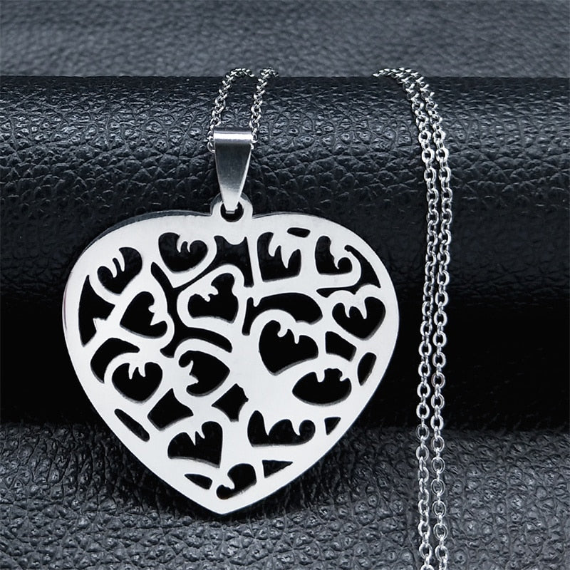 Fashion Heart Tree of Life Stainless Steel Statement Necklace for Women Silver Color Necklaces Jewelry collares  N4205S01