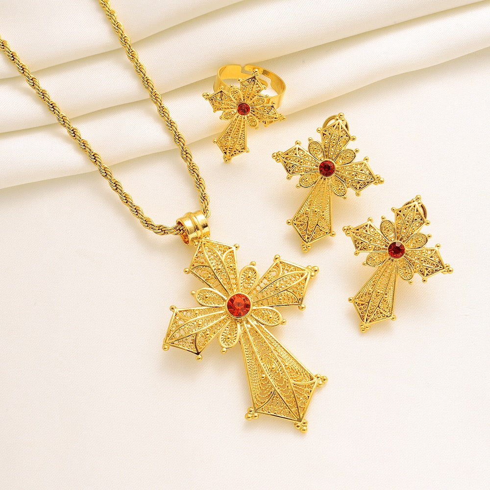 Ethiopian Cross Jewelry Bridal Sets Charms Pendant and Necklaces Earrins Rings Bangle African Eritrean Habesha Accessories