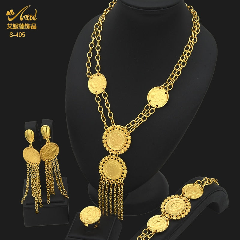 ANIID Dubai Gold Plated Coin Necklace Bracelet Jewelry Sets For Women African Ethiopian Bridal Wedding Luxury Jewellery Gifts