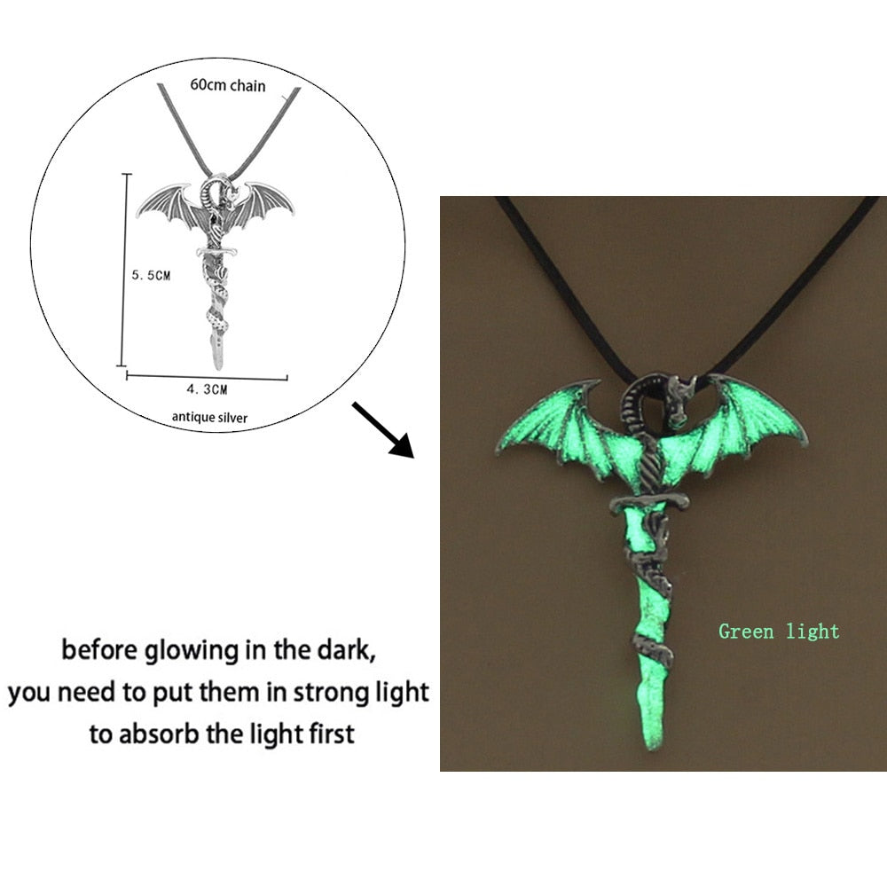 Glow-in-the-Dark Necklace for Men or Women with Luminous Dragon Necklace Glowing Night Fluorescence Antique Silver-Plated Halloween.