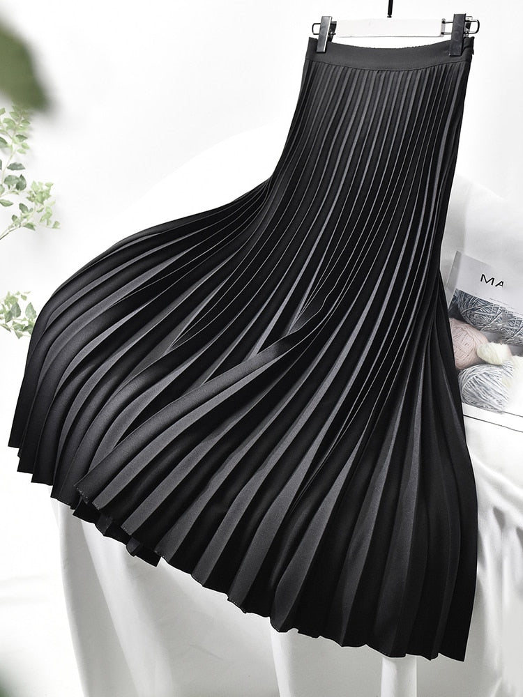 Brand Designer Women Spring Autumn Elegant Chic Solid Pleated Skirt High Waist Luxury Fashion With Elastic Female C-035