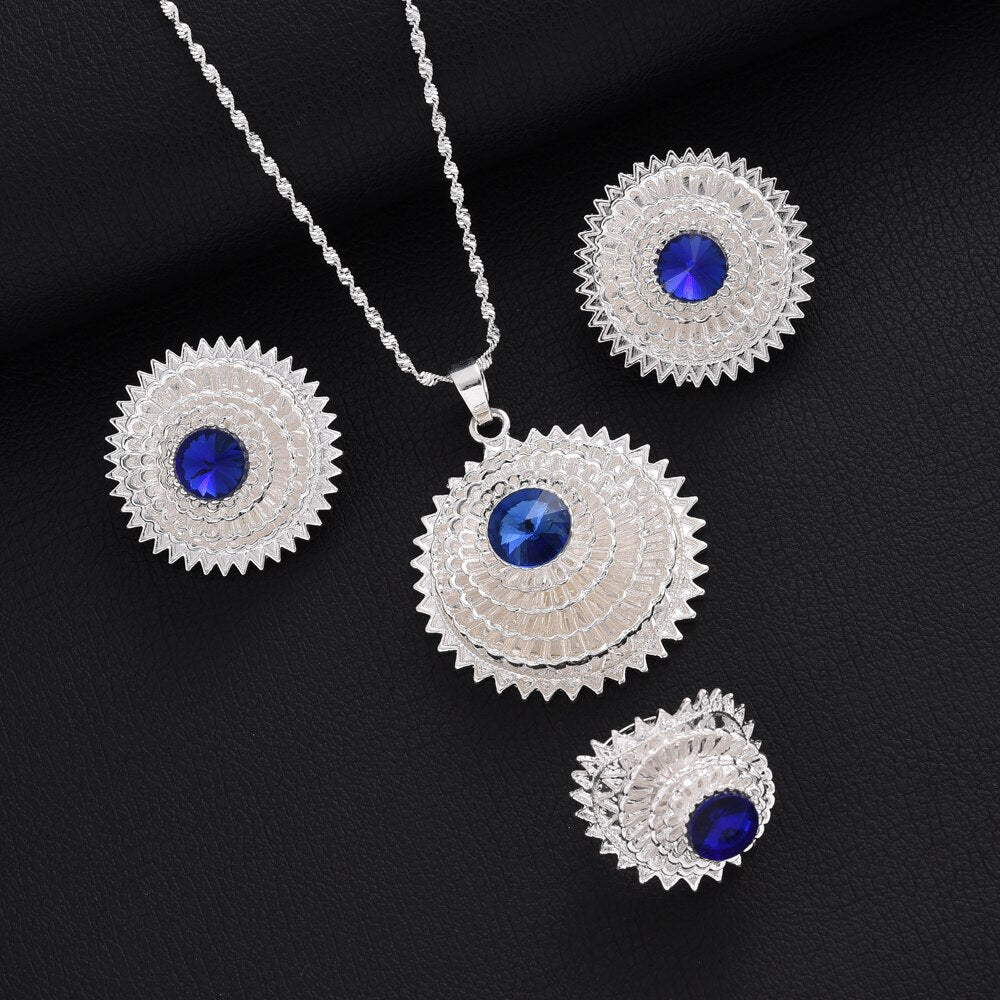 Ethiopian Gold/Silver Plated Bridal Jewelry Sets Necklace Earrings Ring Gifts Wedding Jewellery Set For Women