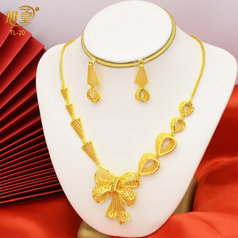 XUHUANG Dubai 24K Plated Necklace Earring Set Arabic Ethiopian Nigerian Banquet Wedding Party Necklace Choker Jewellery Set Gift