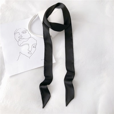 Luxury Women Narrow Long Scarf 200x5cm Solid Color Chiffon Silk Rubber Red Tie Black Bag Ribbon Headbands Choker Streamer Scarf