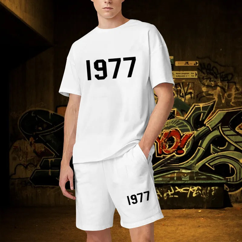 New 1977 Graphic Luxury Short Sets Oversized Cotton Mens Sets Harajuku Streetwear Quality T-shirt Shorts Outfits Free Shipping