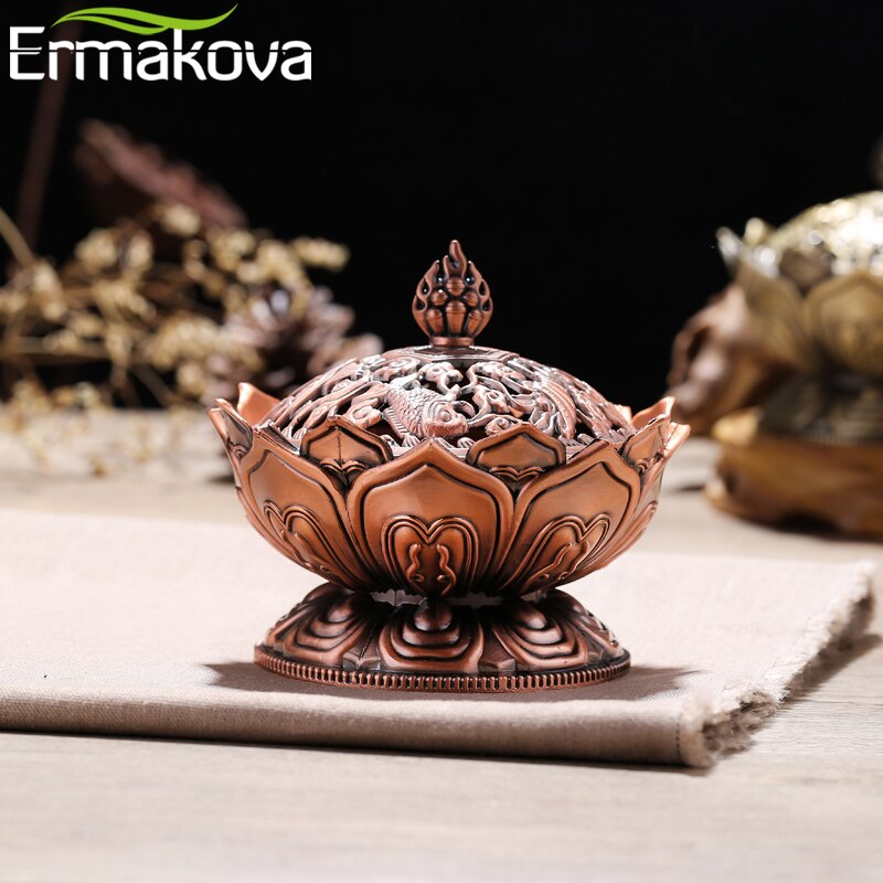 ERMAKOVA Lotus Flower Chinese Buddha Alloy Metal Incense Burner Incense Holder Handmade Censer Bowl Buddhist Home Decoration