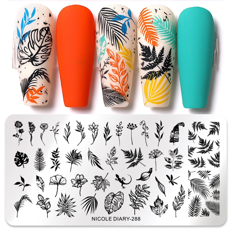 NICOLE DIARY Leaves Flower Stripe Design Stamping Plates Abstract Lady Face Nail Stamp Templates Leaf Floral Printing Stencil