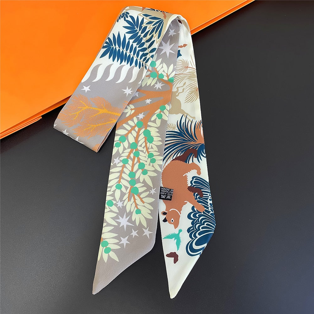 New Fashion All-match Korean Version Mayan Jungle Animals silk scarf Twill Long Strip Small Scarf Tie Bind a bag Ribbon Streamer