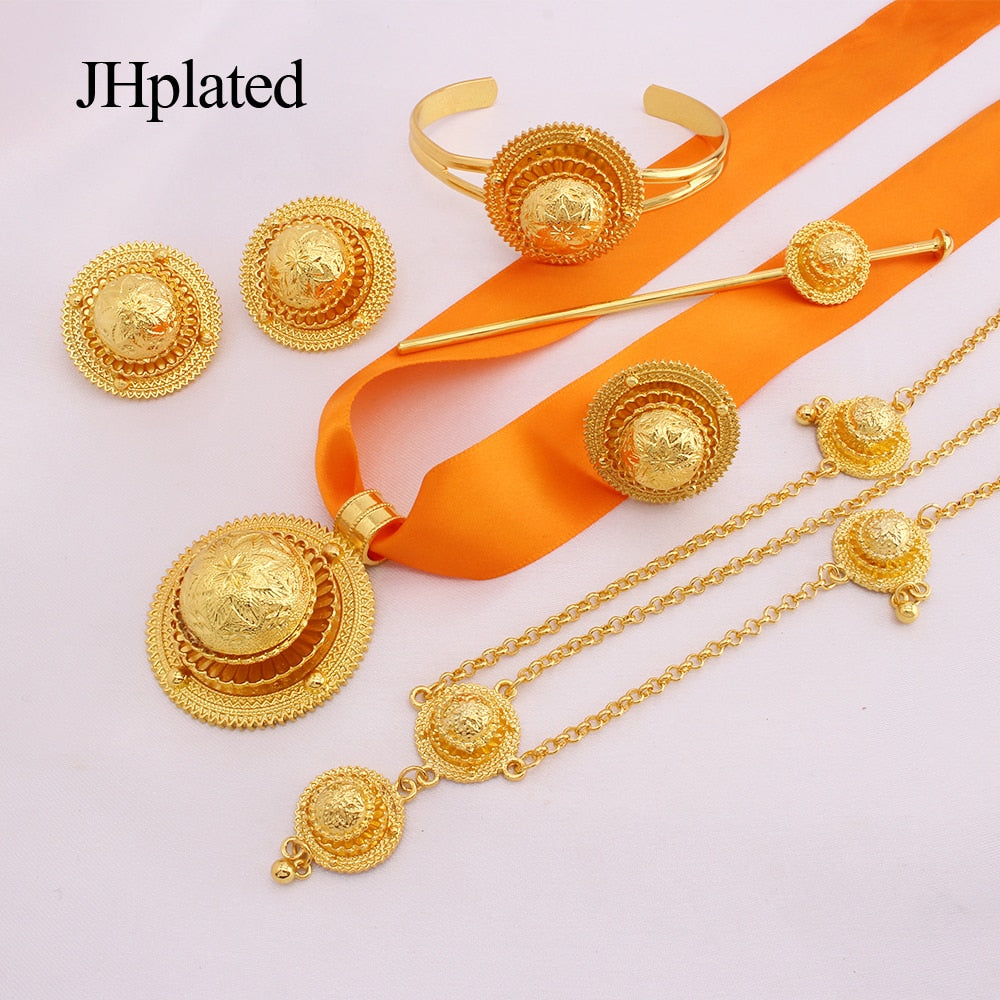 Luxury Gold plated bridal Jewelry sets for women Ethiopian Red rope pendant Hairpin necklace earrings bracelet ring wedding gift