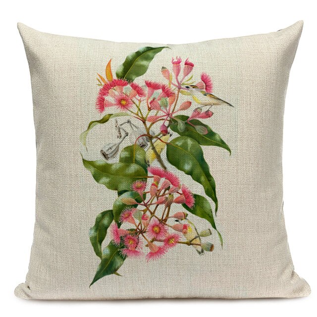 Watercolor Flower Cushion Cover Vintage Bird Blue Pink Pillow Case Transparent Flowers Sofa Decorative Pillow Cover 45x45cm